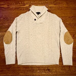 Brooks Brothers Saxxon Wool Thick  Cable-Knit Shawl Collar Ivory Sweater- Mens M